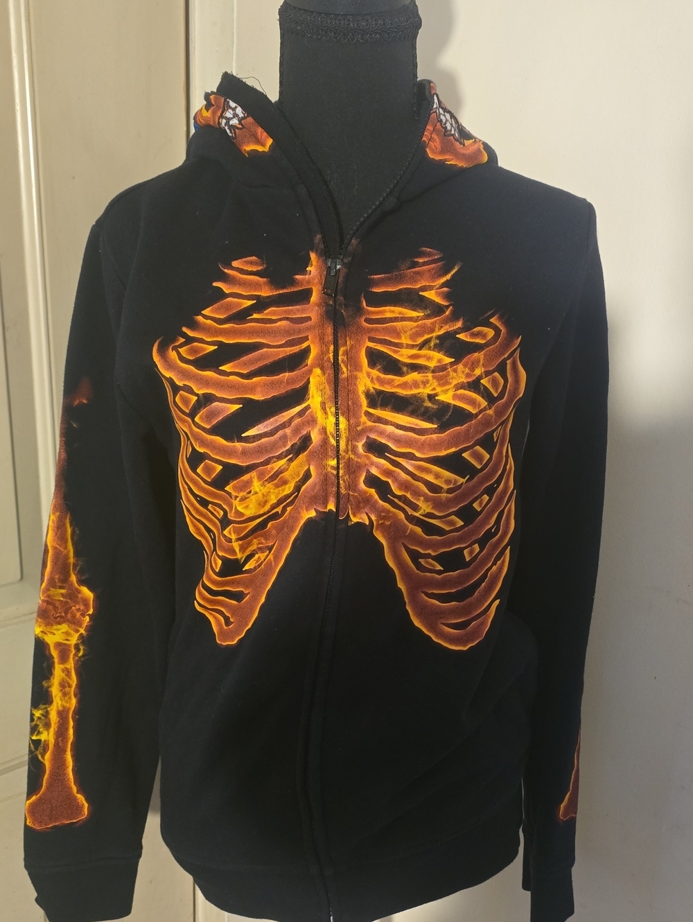 Kids Black Hoodie Jacket with Fiery Skeleton Print